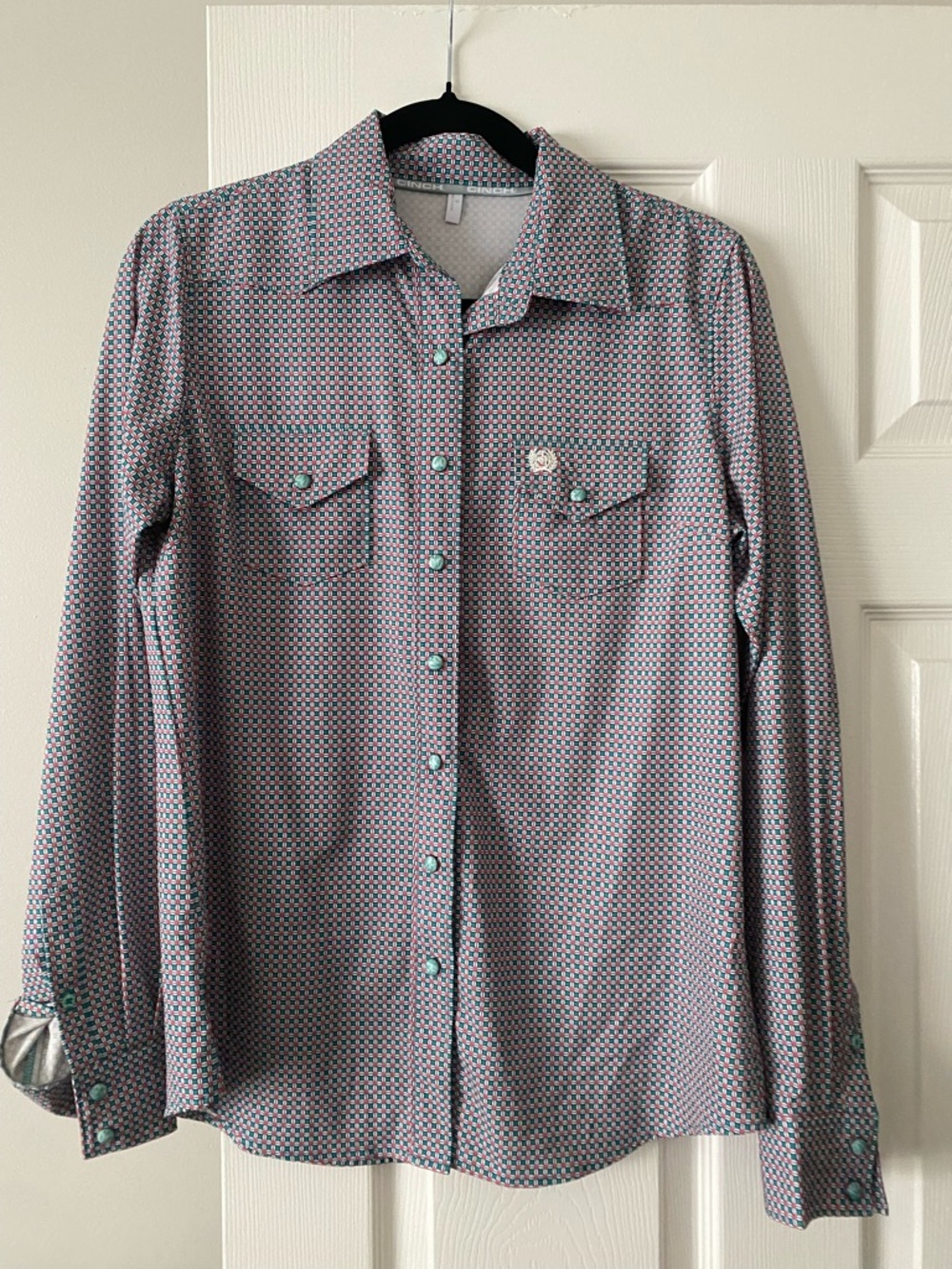 Ariat Cinch Geometric Print Button-Up Shirt in Teal, Pink, White